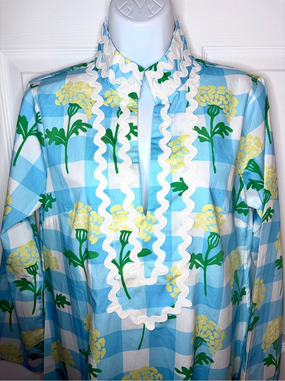 SAIL TO SABLE Long Sleeve Cotton Blue Gingham Floral Print Midi Dress M NWT - Picture 4 of 11